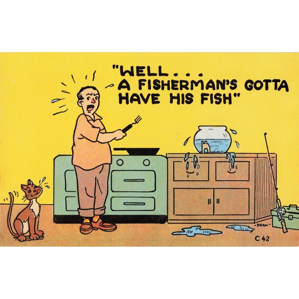Comic Linen Postcard Artist Dean Fishing Humor Cat Goldfish Kitchen C 42 - Picture 1 of 2